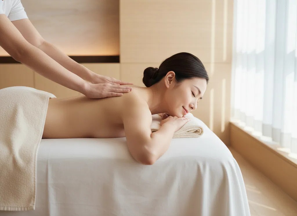 A relaxed woman lying down for a gentle oil massage